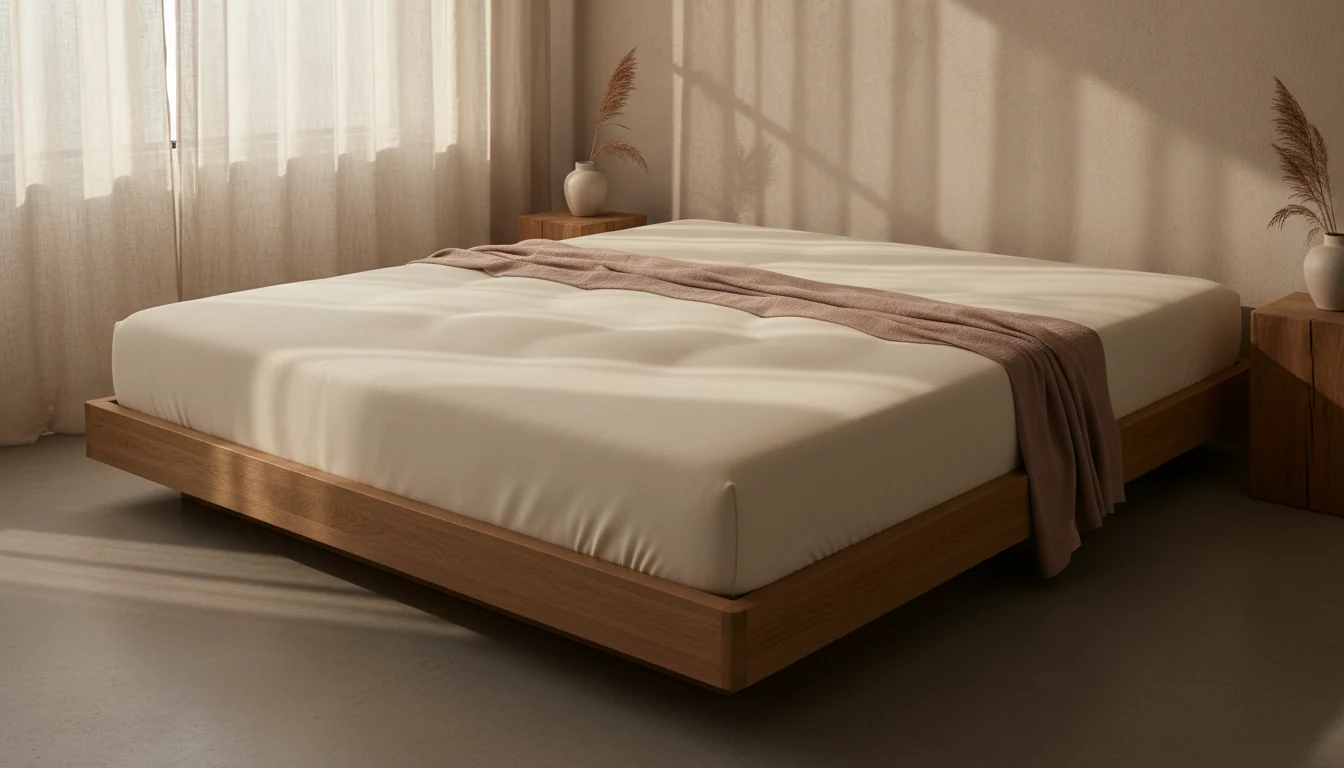 Träramssäng med sandfärgad madrass och draperad filt i ett ljust rum